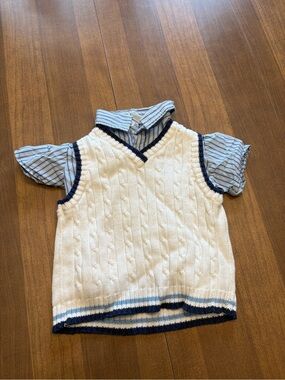 Toddler Cable Knit Sweater Vest with Blue Stripe Shirt